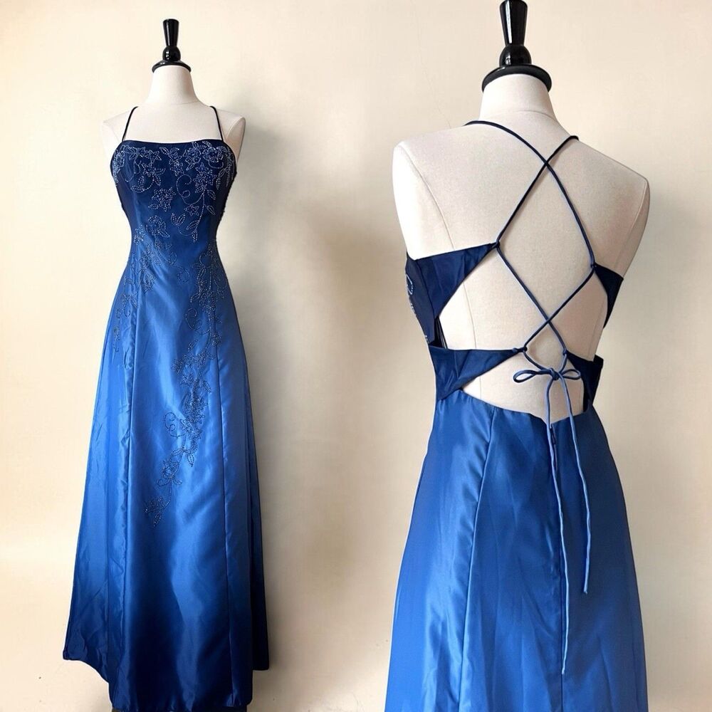 Vintage Y2K Floral Beaded Maxi Prom Dress 9 Satin Blue Ombre Lace Up Open Back